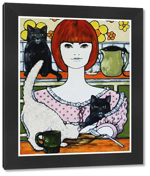Cat Lady with Cats in a Retro Ktchen Painting