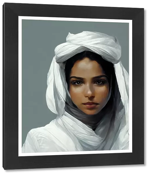 Artwork portrait of a fictional beautiful, young Arabian woman wearing a hijab