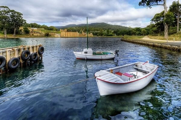 2 Boats with Port Arthur Historic Site in the Background, Tasman Peninsula, Tasmania, Australia