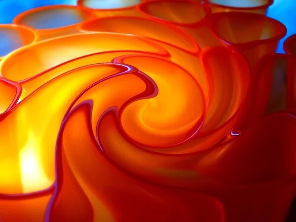 Abstract cups, bright orange swirl on blue