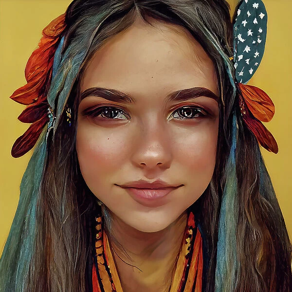 Digital artwork portrait of a beautiful young American woman staring straight at viewer with hair ornaments and accessories and a slight smile