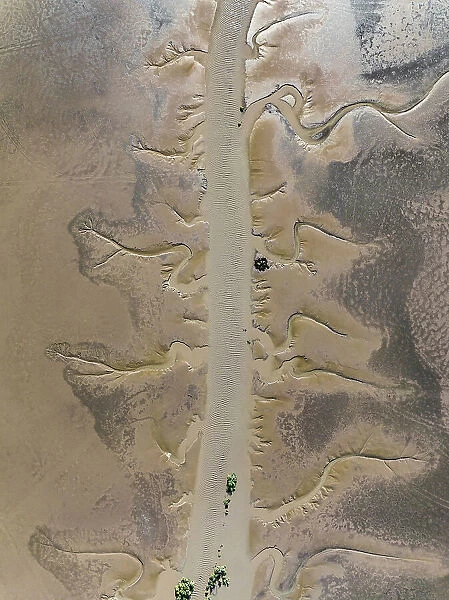 Drone photo showing a stream leading to the Fitzroy River, Derby, Western Australia, Australia