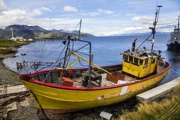 An Old Boat Docked Outside the Harbour of Maritime Museum of Ushuaia (Museo Maritimo y del Presidio), Tierra Del Fuego Province, Ushuaia, Argentina, South America