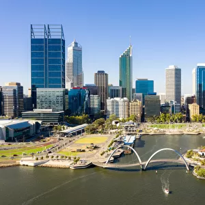Aerial view of Perth city waterfront during sunset in Perth, Western Australia, Australia