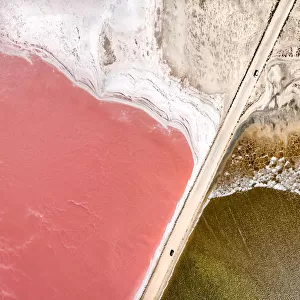 Aerial view over a pink salt lake in South Australia