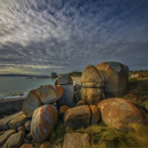 Castle rock and Marshall bay, Flinders Island, Bass Strait, Tasmania, Australia