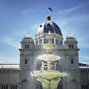 Royal Exhibition Building and historic fountain in Melbourne