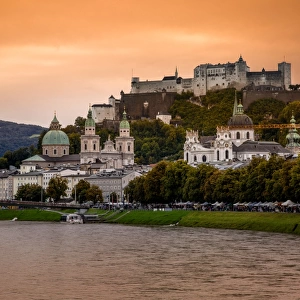 View of Salzach River and Skyline of the Historic Centre of Salzburg City, Austria