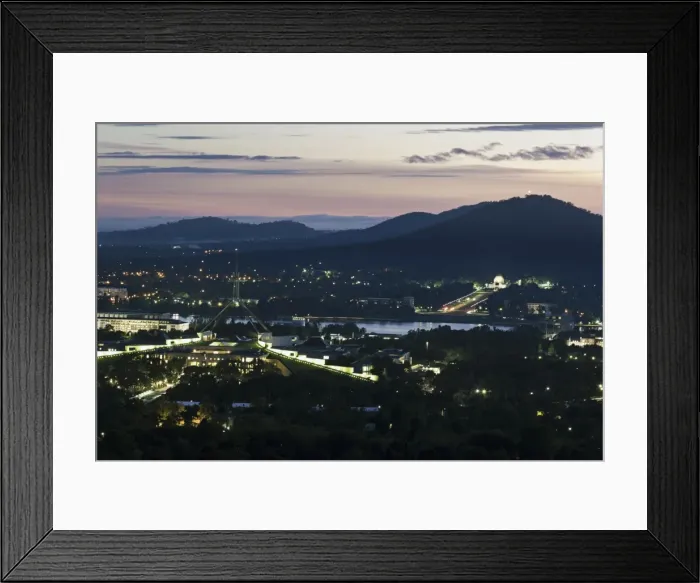 Framed Print : Australia, Canberra, Aerial view of downtown during sunset