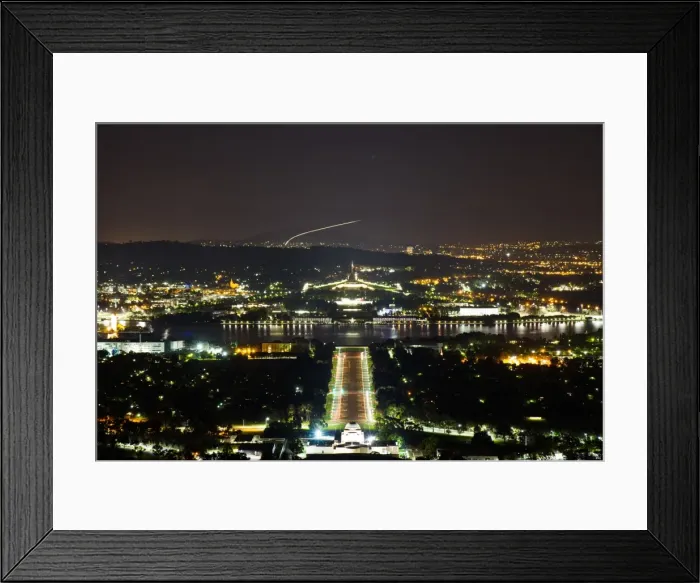 Framed Print : Capitols. Australian parliament at night as shot from a nearby mountain hill
