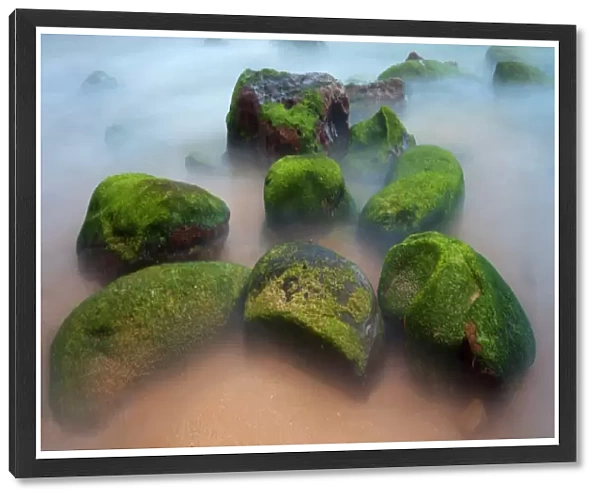 Green mossy rocks and misty water
