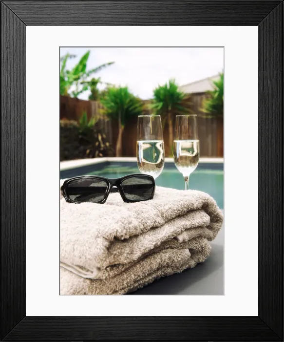 Framed Print : wine by the pool