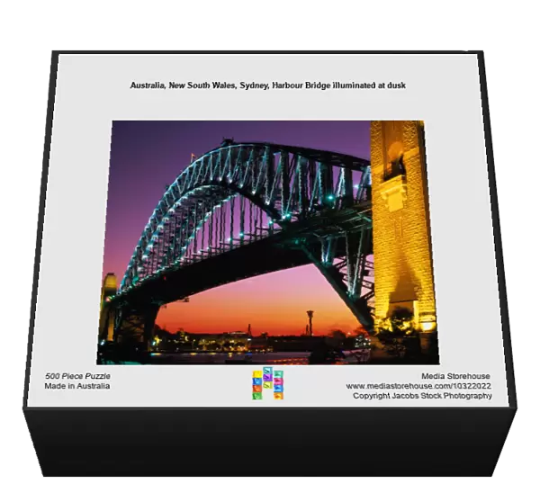 Australia, New South Wales, Sydney, Harbour Bridge illuminated at dusk