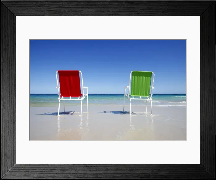 Framed Print : Red and green beach chairs
