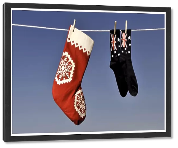 Christmas stockings hanging on washing line