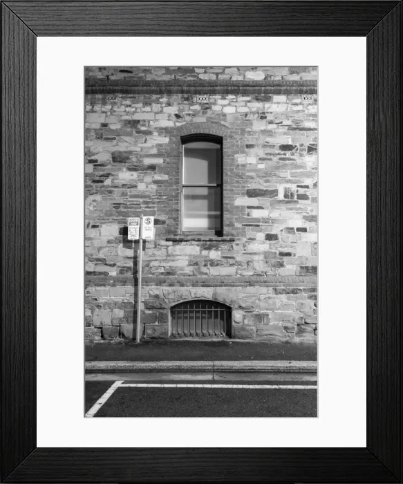 Framed Print : Side wall of building with air vent, window & sign Framed Print : Side wall of building with air vent, window & sign