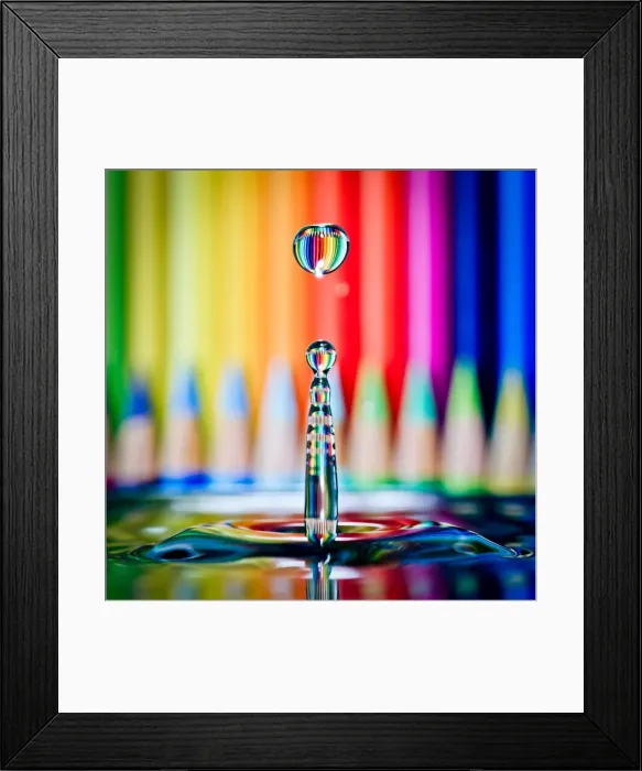 Framed Print : Colored pencils refracted in waterdrop
