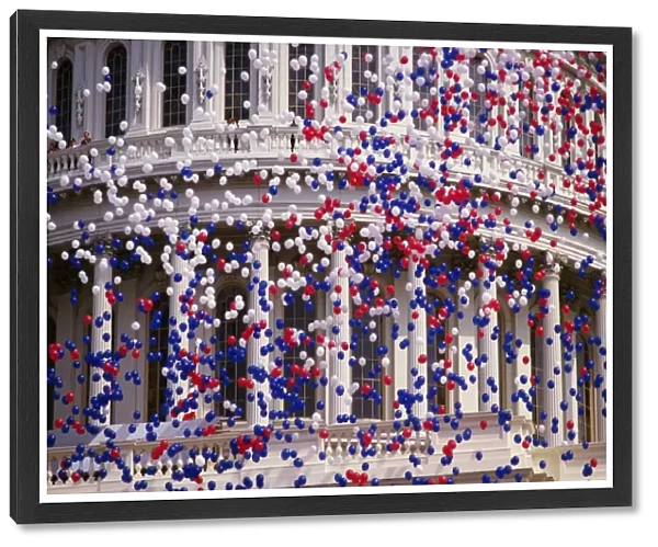 Detail of Capitol Building with red, white, and blue balloons
