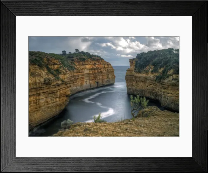 Framed Print : Great Ocean Road limestone cliffs and narrow bay Framed Print : Great Ocean Road limestone cliffs and narrow bay