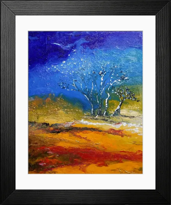 Framed Print : An abstract acrylic painting of trees in the desert full of texture and light Framed Print : An abstract acrylic painting of trees in the desert full of texture and light