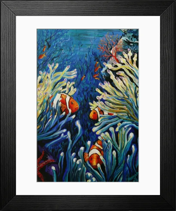 Framed Print : An acrylic painting of three clownfish dancing in the safety of their anemones