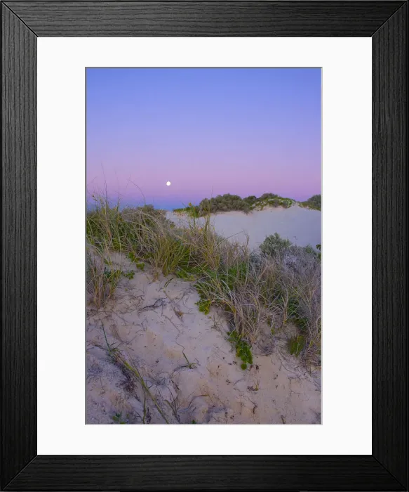 Framed Print : Dune sunset with the moon watching over us Framed Print : Dune sunset with the moon watching over us