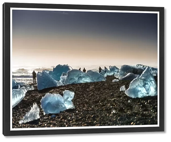 Icebergs on the black volcanic beach at Jokulsarlon, southern Iceland