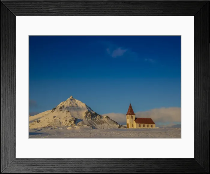Framed Print : Winter scene and historic church, Arnarstapi, Snaefellness, Iceland