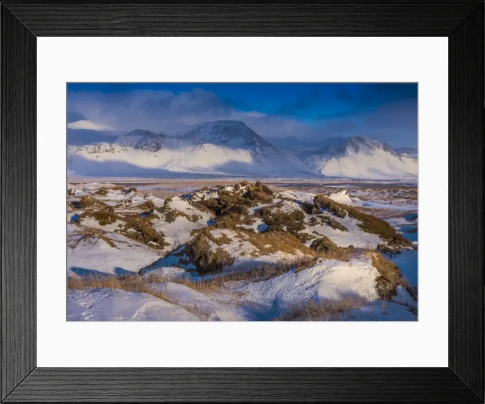 Framed Print : Winter scene on the coastline at Budir, Snaefellness, Iceland