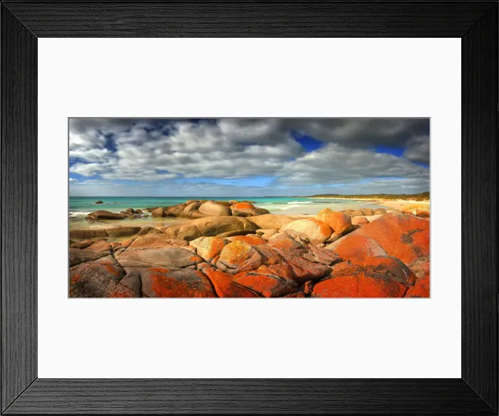 Framed Print : Red coloured rocks and boulders caused by living lichen, create a dramatic splash of colour at Disappointment bay King Island Tasmania Framed Print : Red coloured rocks and boulders caused by living lichen, create a dramatic splash of colour at Disappointment bay King Island Tasmania