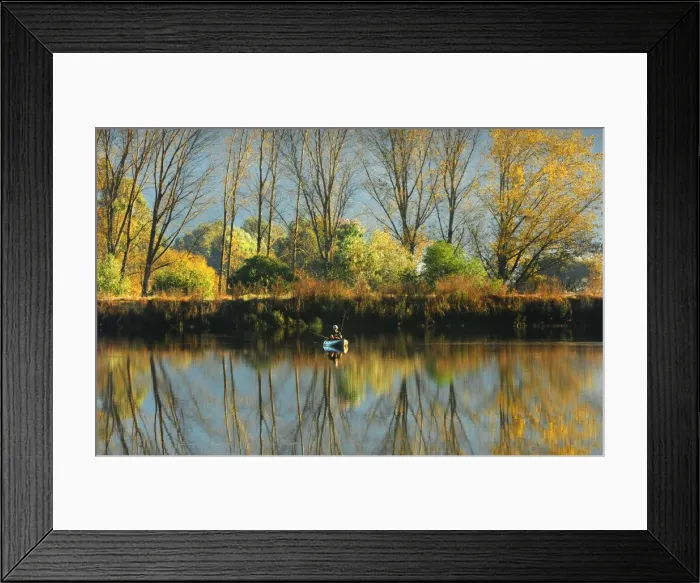 Framed Print : Lone fisherman with reflections of the Autumn, near Mount Beauty, in the high country of Victoria