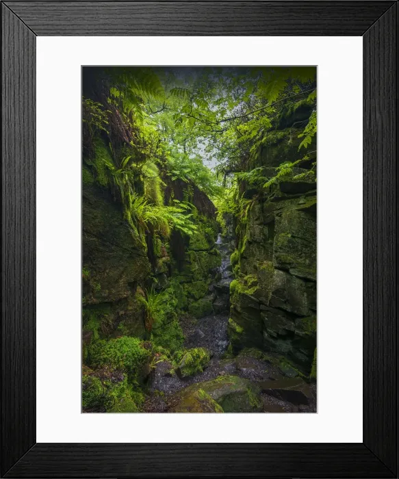 Framed Print : Luds Church, a natural rock cleft used in times past for secret religious services in the Peak district national park, Staffordshire, England, United kingdom
