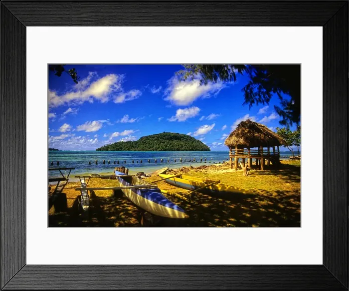 Framed Print : Outrigger canoe and Coastline on The Island of Upolu, Western Samoa Framed Print : Outrigger canoe and Coastline on The Island of Upolu, Western Samoa