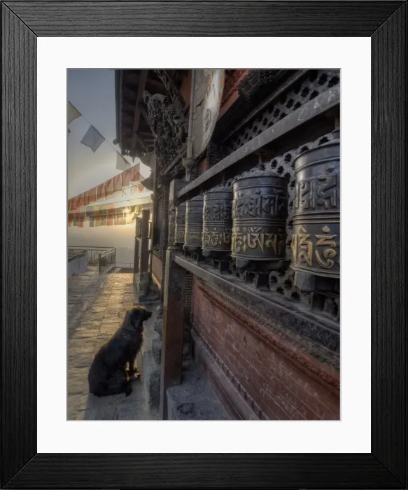 Framed Print : Dawn at Swayambunath temple and Prayer wheels used in worship, Western Himalayas, Nepal