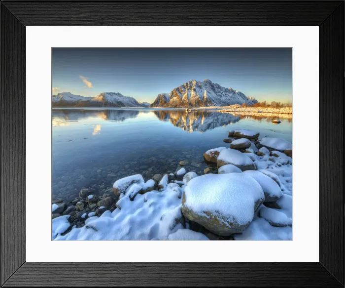 Framed Print : Morning light in winter at Flakstadoya
