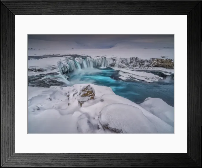 Framed Print : Godafoss waterfall in winter at Ljosa, north central Iceland