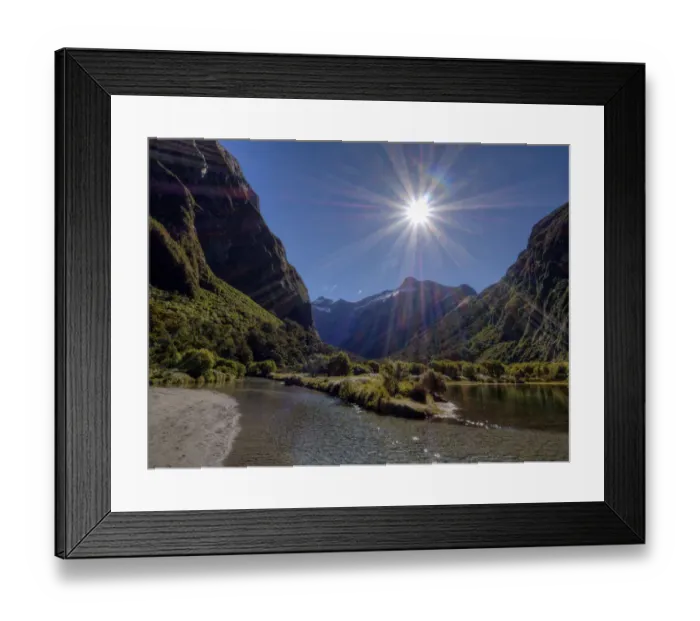 Framed Print : Sunstar shining on the Clinton river, South Island, New Zealand