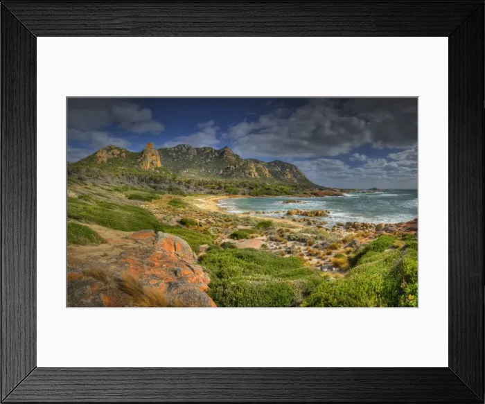 Framed Print : A scenic view at the Docks, a colourful area of coastline on Flinders Island, part of the Furneaux group, eastern Bass Strait, Tasmania Framed Print : A scenic view at the Docks, a colourful area of coastline on Flinders Island, part of the Furneaux group, eastern Bass Strait, Tasmania