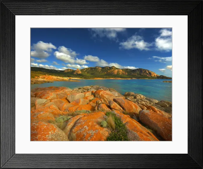 Framed Print : A scenic view at the Docks, a colourful area of coastline on Flinders Island, part of the Furneaux group, eastern Bass Strait, Tasmania Framed Print : A scenic view at the Docks, a colourful area of coastline on Flinders Island, part of the Furneaux group, eastern Bass Strait, Tasmania
