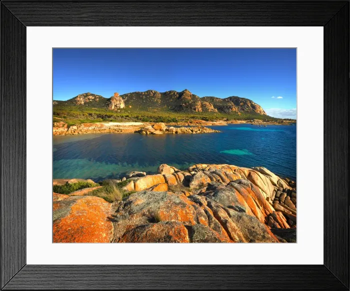 Framed Print : A scenic view at the Docks, a colourful area of coastline on Flinders Island, part of the Furneaux group, eastern Bass Strait, Tasmania Framed Print : A scenic view at the Docks, a colourful area of coastline on Flinders Island, part of the Furneaux group, eastern Bass Strait, Tasmania