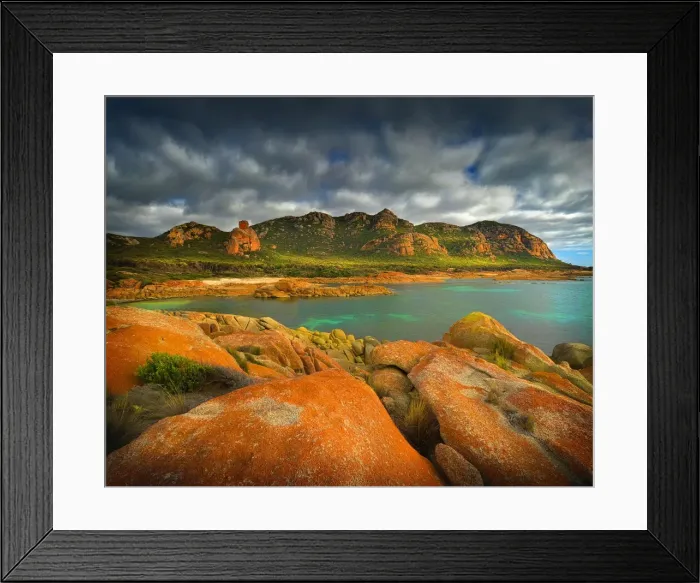 Framed Print : A scenic view at the Docks, a colourful area of coastline on Flinders Island, part of the Furneaux group, eastern Bass Strait, Tasmania Framed Print : A scenic view at the Docks, a colourful area of coastline on Flinders Island, part of the Furneaux group, eastern Bass Strait, Tasmania
