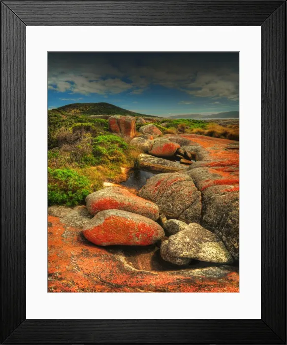 Framed Print : Red, lichen coloured boulders, so typical of Flinders Island, part of the Furneaux group, eastern Bass Strait, Tasmania Framed Print : Red, lichen coloured boulders, so typical of Flinders Island, part of the Furneaux group, eastern Bass Strait, Tasmania