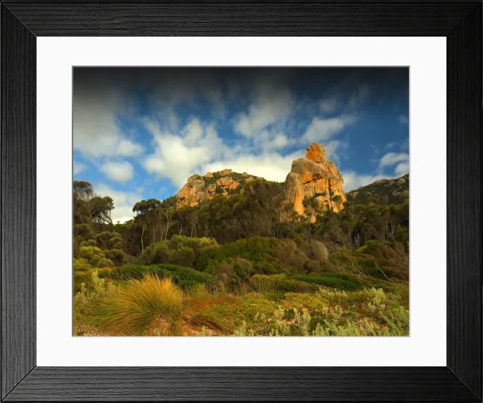 Framed Print : A scenic view at the Docks, a colourful area of coastline on Flinders Island, part of the Furneaux group, eastern Bass Strait, Tasmania