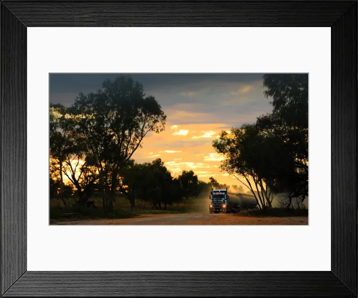 Framed Print : Large rig rumbling down an outback dusty road near Innamincka, remote outback, South Australia