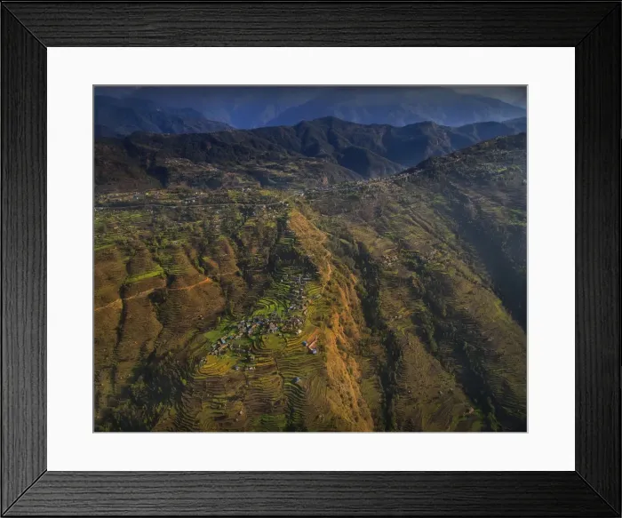 Framed Print : Aerial view of the terraced farmland near Pokhara, Nepal