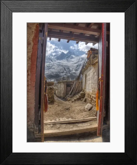 Framed Print : Looking out a temple doorway in Karkhot Jompa to the mountains, Mustang, Nepal Framed Print : Looking out a temple doorway in Karkhot Jompa to the mountains, Mustang, Nepal