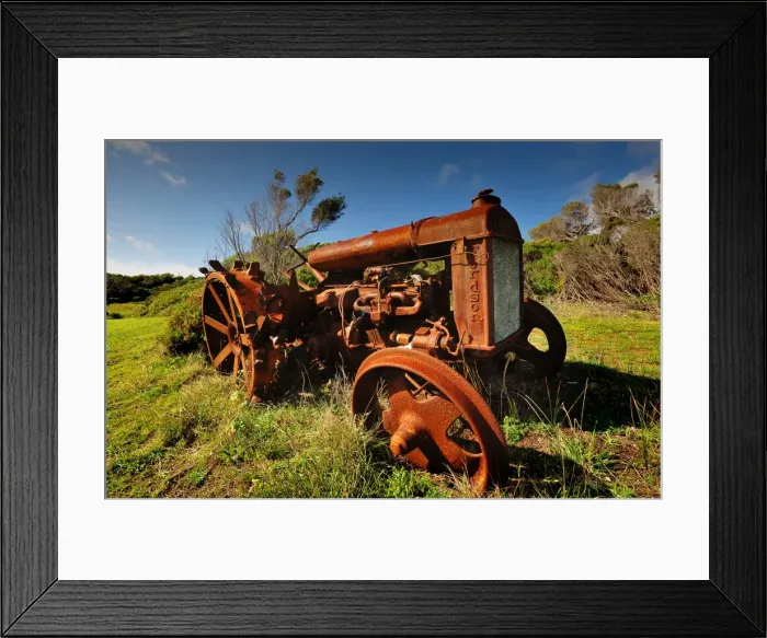 Framed Print : Old and abandoned tractor rusting away on King Island, Bass Strait, Tasmania, Australia