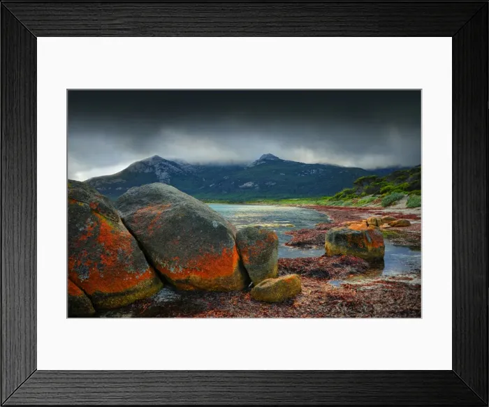 Framed Print : Red coloured boulders, caused by lichen growing at the high tide mark on Flinders Island, Bass Strait, Tasmania, Australia Framed Print : Red coloured boulders, caused by lichen growing at the high tide mark on Flinders Island, Bass Strait, Tasmania, Australia