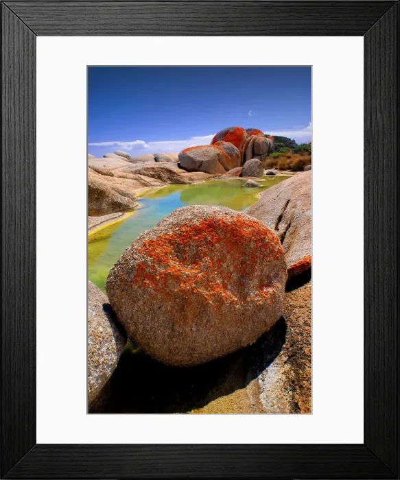 Framed Print : Red coloured boulders, caused by lichen growing at the high tide mark on Flinders Island, Bass Strait, Tasmania, Australia Framed Print : Red coloured boulders, caused by lichen growing at the high tide mark on Flinders Island, Bass Strait, Tasmania, Australia
