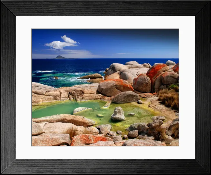 Framed Print : Red coloured boulders, caused by lichen growing at the high tide mark on Flinders Island, Bass Strait, Tasmania, Australia Framed Print : Red coloured boulders, caused by lichen growing at the high tide mark on Flinders Island, Bass Strait, Tasmania, Australia